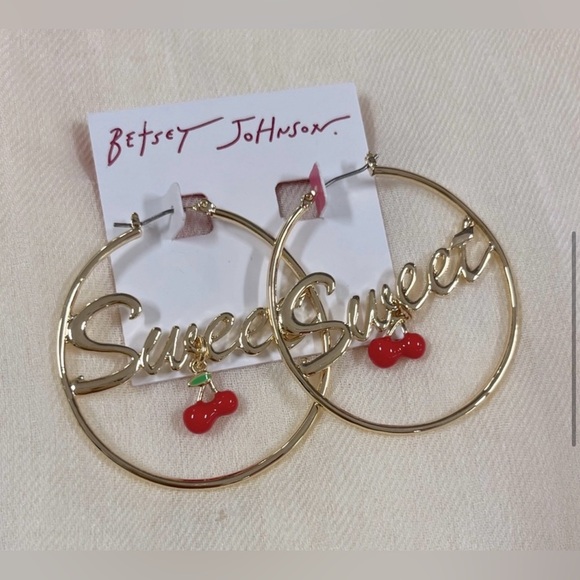 NEW Betsey Johnson Gold Red Sweet Cherry Hoop Earrings - Picture 4 of 8